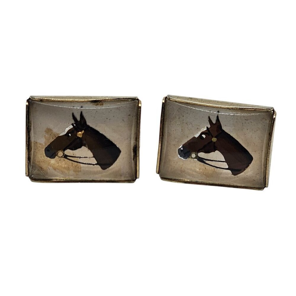 Vintage Horse Head Cufflinks Gold Tone Resin Rectangular Design